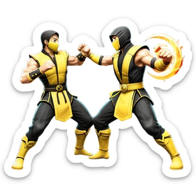 An icon showing two fighters in dynamic combat poses, inspired by Mortal Kombat. One character delivers a powerful kick, while the other blocks or counters. The background features a dark arena with glowing effects, symbolizing intense battles. Transparent background. sticker