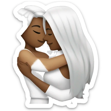 A lesbian couple with white skin and long black hair hugging intimately sticker