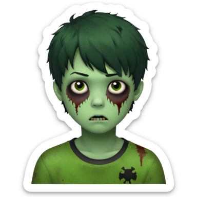 Boy, zombie, green skin, black, short and curly hair with bangs, round shaped hair, emo, ultra dark, bored expression with tired eyes  sticker