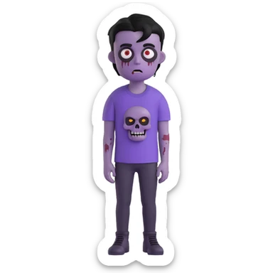 zombie boy with black emo hair and purple shirt, 3D emoji style sticker