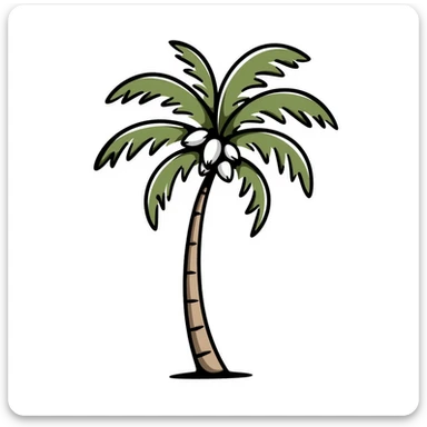 a palm tree with a curved trunk, large fronds, and coconuts, in pastel colors dd9fb0, ffc6d3, a3bfc9, c4bee2, f1b091, detailed hand-drawn doodle style sticker