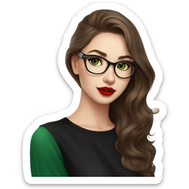 23 years old girl
long brown hair with volume styling
light skin
red lipstick
glasses with refined frame
green eyes with cat eye liner
black silk shirt with long sleeves sticker
