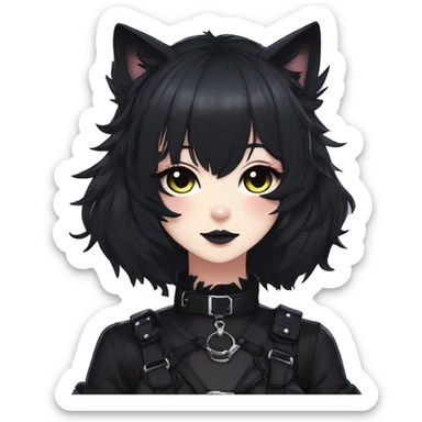 Gorgeous gothic dark techwear anime style anthro black cat furry with blushing face aesthetic and pretty edgy black with collar and harness trending style sticker
