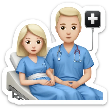 husband sitting beside hospital bed of wife sticker