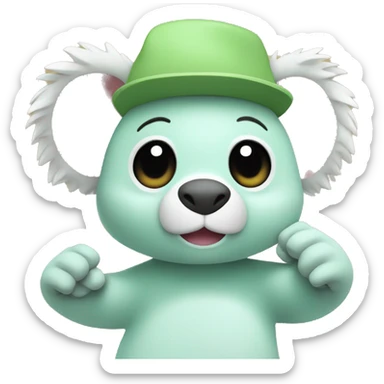A mint-colored Fall Guys character wearing a beige koala hat on his head waves his hand. sticker