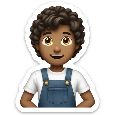 boy pointing to the sky, dark brown wavy hair, wearing blue jeans overalls and white shirt. half body. from behind sticker
