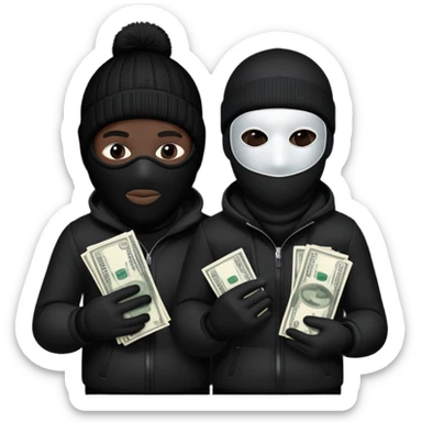 Two men one with white skin color and the other black skin color and both wearing black Ski masks holding money bag sticker