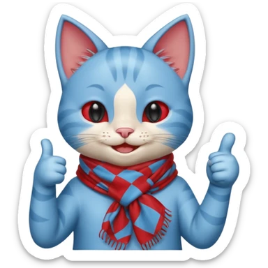 A Baby Blue Cat smiling and giving thumbs up, wearing red Checkered Triangle scarf sticker