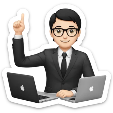 un estudiante con lentes y su laptop CON TERNO Y CABELLO NEGRO,  LEVANTANDO LAS MANOS DANDO LIKE sticker