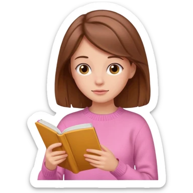 Brown haired girl in a pick sweater reading sticker