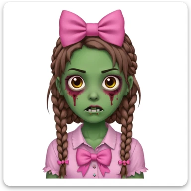 Garota zumbi com pele verde, tranças castanhas no cabelo, olhos castanhos, laço rosa na cabeça e camisa rosa sticker