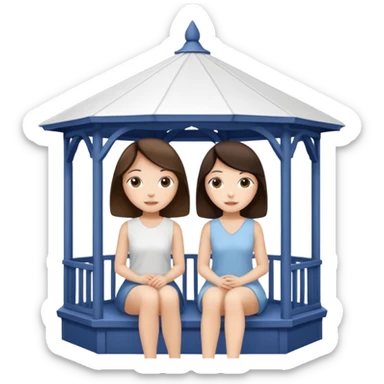 Two small brunette women sitting inside a large white gazebo sticker