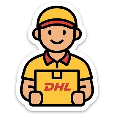 DHL courier with yellow cap and shirt smiling holding a parcel, icon style sticker
