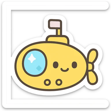 A submarine icon in a cartoonish style, with a bright yellow body, a large smiley face on the front, and a small flag on top. sticker