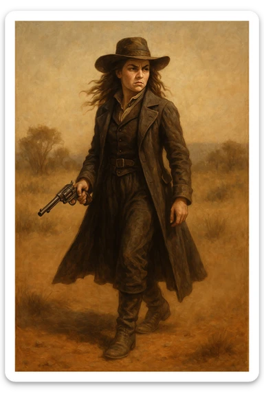 Victorian-era female bushranger, long coat, boots, wide-brimmed hat, pistol, determined expression, dusty background sticker