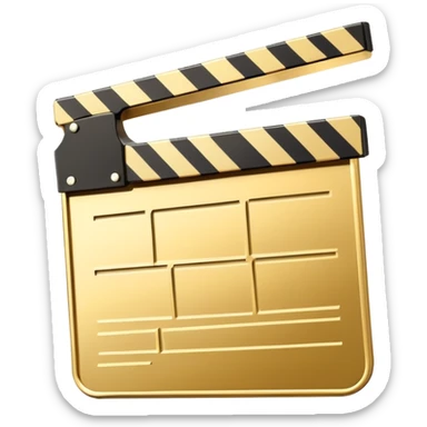 ultra simplified movie clapper with gold and white colors, two simple rectangles with a diagonal line sticker