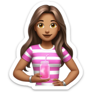 fitness girl with straight long brown hair, wearing silver bracelets and a full white stripes tops and holding a pink magic potion sticker