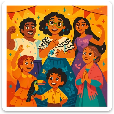 Madrigal family from Encanto, whimsical illustration, each character in a dynamic pose, magical sparkles, festive atmosphere sticker