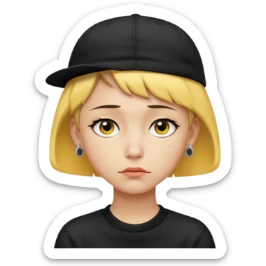 Create me an emoji like that, sad, with earrings, a black cap backwards, yellow skin like an emoji, and short hair down to the nape of my neck. sticker