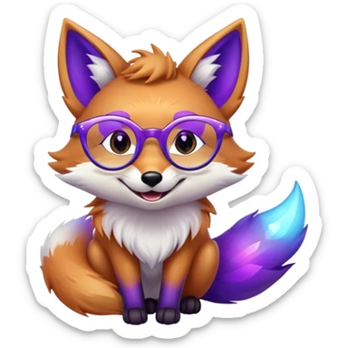 A magical fox with shimmering purple and blue fur, a glowing tail, a silver star on its forehead, and round glasses, laughing so hard that tears are streaming from its eyes sticker