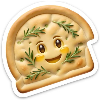 Cinematic Realistic Focaccia Bread Dish Emoji, depicted as a golden, olive oil brushed flatbread sprinkled with herbs rendered with lifelike texture and soft, appetizing lighting. sticker