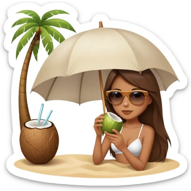 Girl with long brown hair wearing sunglasses and sipping from a coconut elegant sand and white aesthetic umbrella  sticker