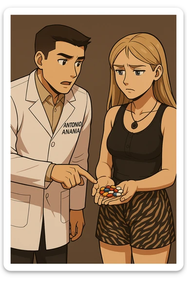 fai un webtoon/manga a colori con questo kinesiologo in camice bianco (fagli la scritta "ANTONIO ANANIA" SUL CAMICE) CHE PARLA CON QUESTA RAGAZZA CON GLI OCCHI AZZURRI. LA RAGAZZA HA UN PUGNO DI INTEGRATORI IN MANO (TANTE PILLOLE DIVERSE) E LE GUARDA DUBBIOSA. IL KINESIOLOGO CON IL CAMICE BIANCO LE TOCCA LA PANCIA CON UN DITO. NON FARE I FUMETTI, FAI SOLO LORO COME SE DIALOGASSERO sticker