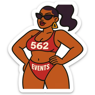 confident baddie character in a bikini with the words '562 Events' clearly displayed on the bikini, fun and bold style sticker