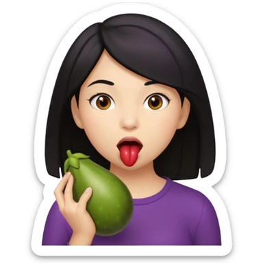 Black haired girl holding eggplant near mouth pretending to bite it sticker