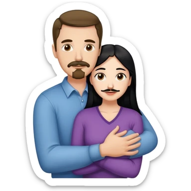 Tall white man with brown mustache and goatee hugging a short pale woman with long black hair sticker