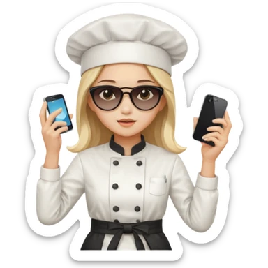 ["A sad woman with light skin, straight hair, wearing a chef hat and sunglasses, dressed in K-pop fashion, is dancing while holding a phone."] sticker