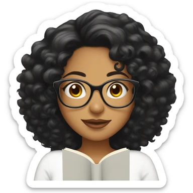Latina woman with curly black hair wearing clear framed glasses reading a book  sticker