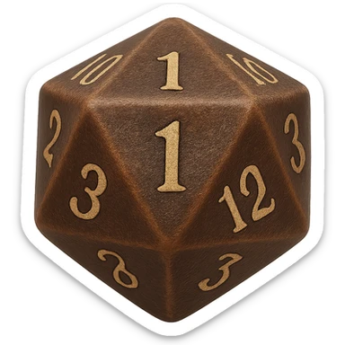 Rotate the D20 dice so the side facing the viewer shows the number 1. Maintain the detailed, classic tabletop gaming style with realistic texture and intricate numbers. No background. sticker