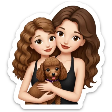 girl with long balayage hair and long lashes, smiling, wearing black halterneck top, and holding and kissing a brown poodle sticker