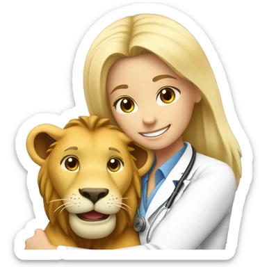 blonde hair smiling veterinarian girl having cuddles with lion sticker