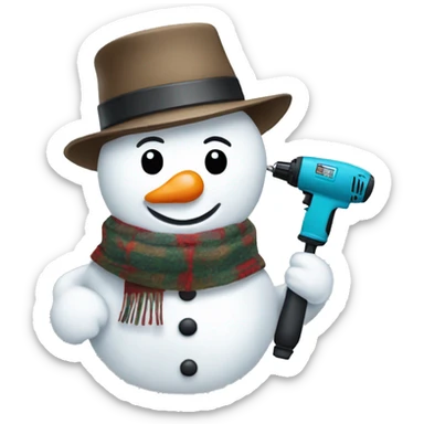 snowman with hat and scarf holding a drill sticker