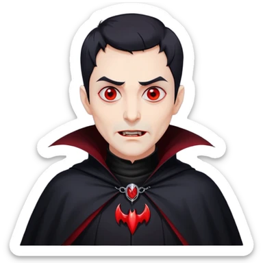 Nam 50 tuổi, mắt đỏ, da trắng, tóc ngắn màu đen, có răng nanh, mặt hơi đáng sợ như ma cà rồng, áo măng tô cổ cao màu đen, nửa thân trên sticker