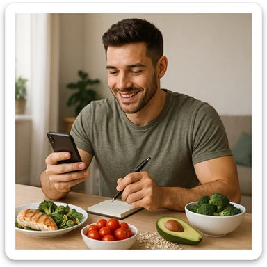 realistic illustration of a man counting his macronutrients as a lifestyle: the man is sitting at a table with healthy food, holding a smartphone or a notebook to note macronutrients, positive and modern atmosphere, healthy lifestyle sticker