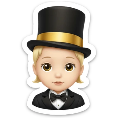 a baby in a black top hat with a gold stripe sticker