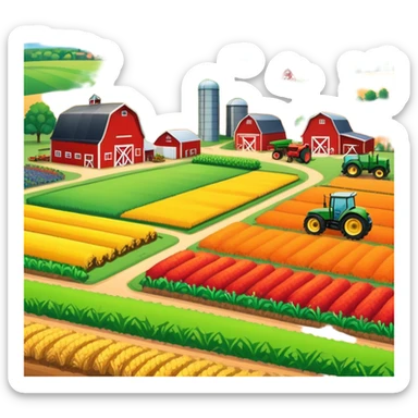 colorful rural landscape, inspired by farming simulators like Farming Simulator 22. The design shows fields, tractors, and barns, with vibrant crops and animals in the background. The peaceful farming scene symbolizes the immersive experience of managing a farm, with a transparent background sticker