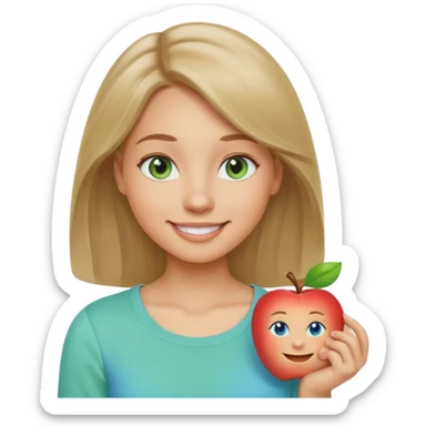 A woman with light skin, longer shoulder-length dark blonde hair, blue eyes, smiling face, wearing a casual pastel green top. The emoji should be in Apple-style, minimalistic, colorful, and round-faced. Show only the face or bust (not full body). sticker