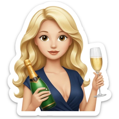 Glamorous blonde lady holding champagne bottle, long hair sticker