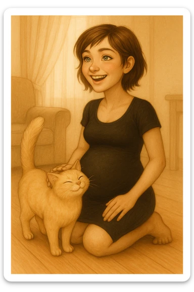 Make the girl's hair a little bit longer and put her in a black tight dress, keep her pregnant, with green eyes and a blonde cat. Maintain the original style and details of the image. sticker