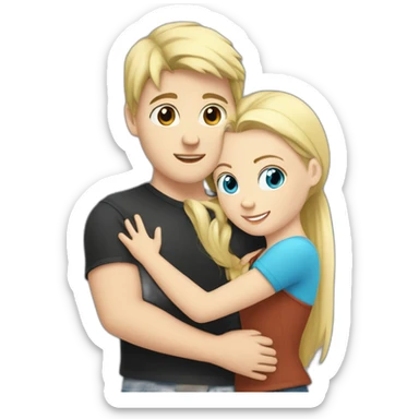 blond white girl with blue eyes hug white boy with black hair with pony-tail sticker
