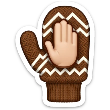 thumbs up fist in brown knit mitten with zig-zag beige pattern, no face sticker