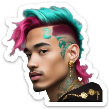 Vintage patina intricate swirls gold jewellery baroque golden sparkle tropical Deep pink maroon burgundy cyan dark hoodie man vitiligo dyed hair gold piercings nose piercing ear piercings sticker