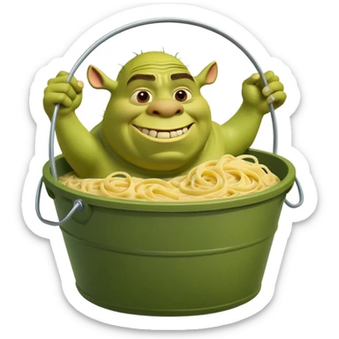 Shrek the green ogre holding a huge oversized bucket overflowing with carbonara pasta sticker