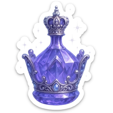 small luxurious crystal elixir bottle in crown shape, color #7986cb, ornate silver and iridescent details, magical glowing and sparkling effects, very small neck, seamless bottom, bottle clearly floating in air, no base or shadow, modern, collection style sticker