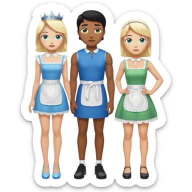 King, black hair, body, legst, blue eyes, shoes, maid blonde hair, green eyes, sexy short sleveless White dress, shoes sticker