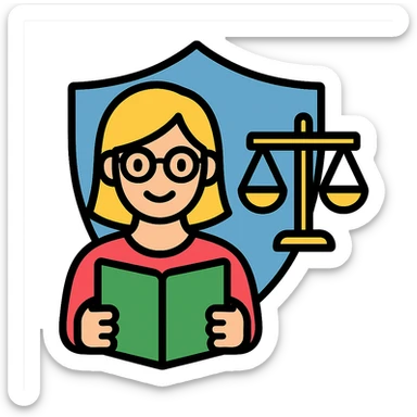 A lady with blond hair and glasses, holding a green book and a gold justice scale, with a shield in the background, in a flat color icon style, with no background. sticker